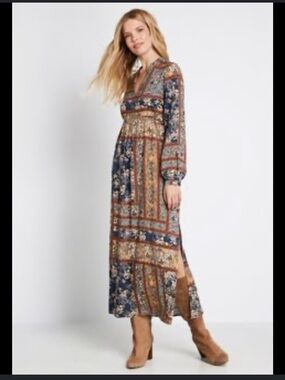Jessy B Boho Patchwork Floral Maxi Dress Size Medium M Long Sleeve V-Neck